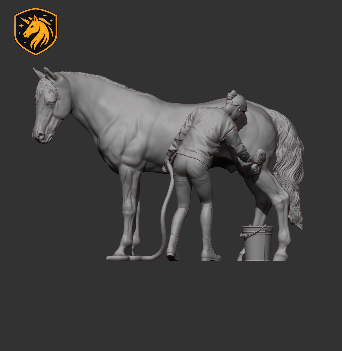 Woman Washing Horse – Unpainted ABS Resin Model | Realistic Equine Care Scene