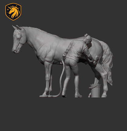 Woman Washing Horse – Unpainted ABS Resin Model | Realistic Equine Care Scene
