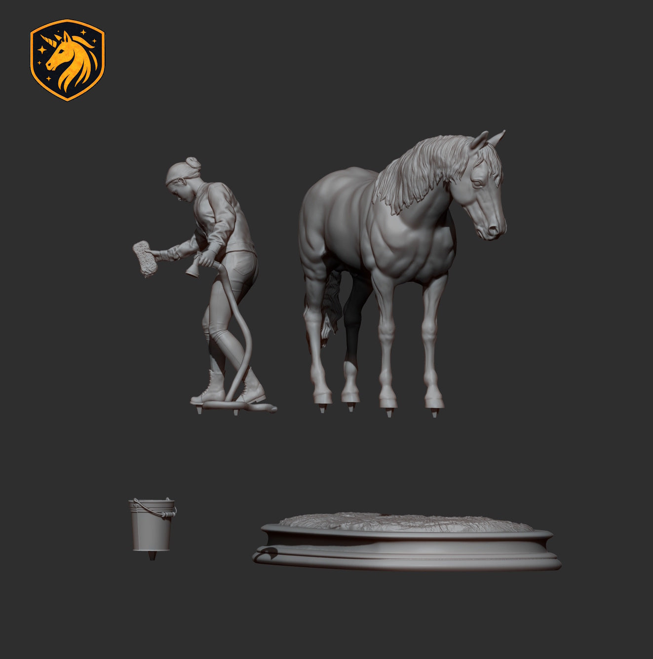 Woman Washing Horse – Unpainted ABS Resin Model | Realistic Equine Care Scene