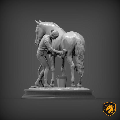 Woman Washing Horse – Unpainted ABS Resin Model | Realistic Equine Care Scene