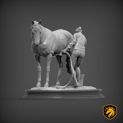 Woman Washing Horse – Unpainted ABS Resin Model | Realistic Equine Care Scene