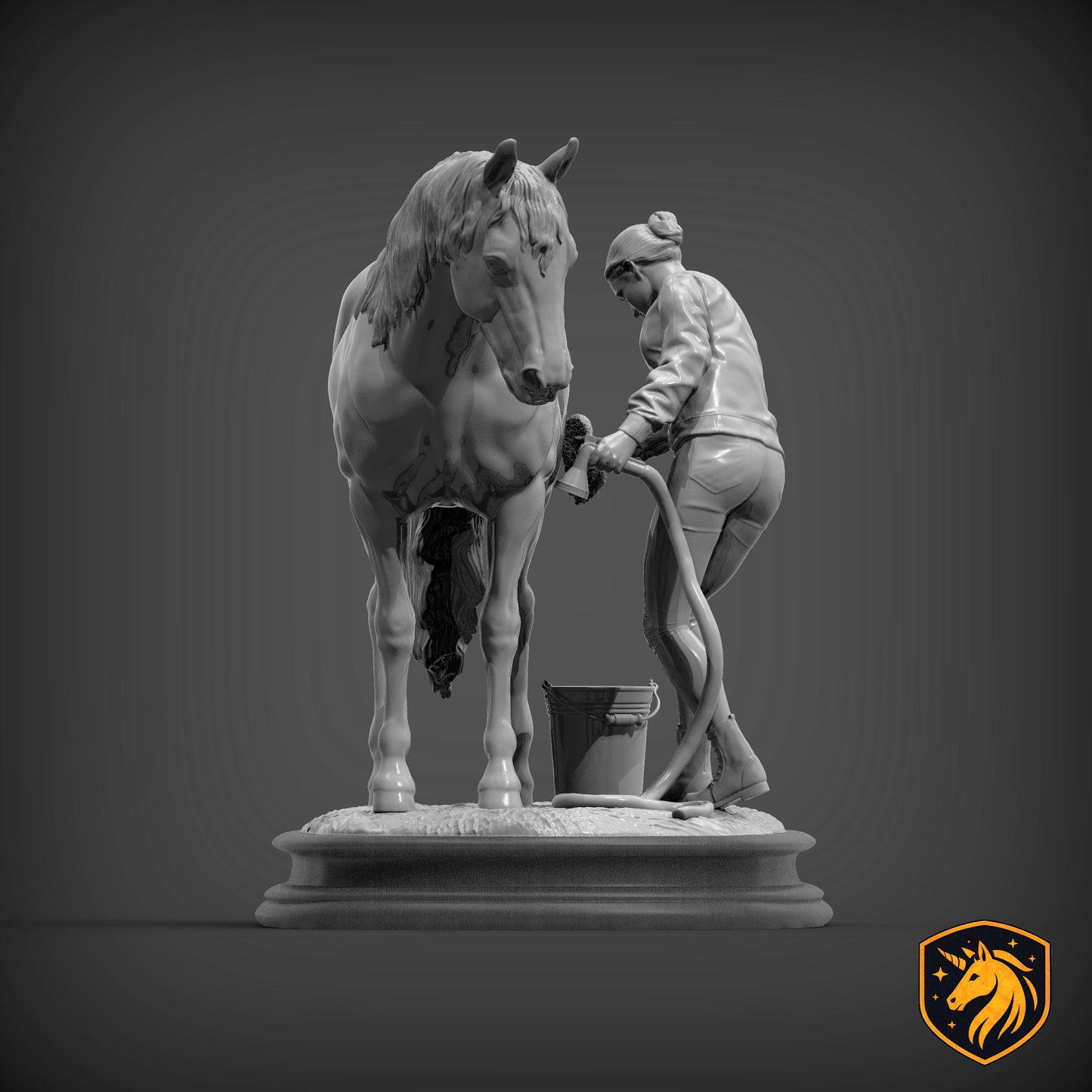 Woman Washing Horse – Unpainted ABS Resin Model | Realistic Equine Care Scene