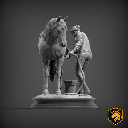 Woman Washing Horse – Unpainted ABS Resin Model | Realistic Equine Care Scene