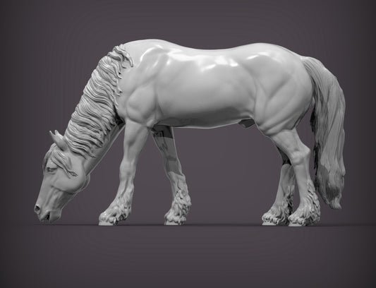 Friesian Horse Eats Grass – Unpainted 3D Print | ABS White Resin