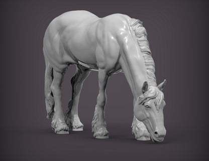 Friesian Horse Eats Grass – Unpainted 3D Print | ABS White Resin