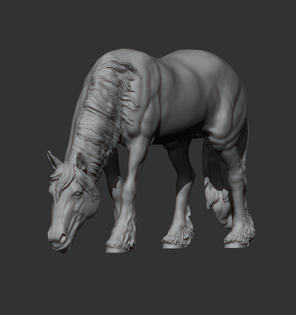 Friesian Horse Eats Grass – Unpainted 3D Print | ABS White Resin