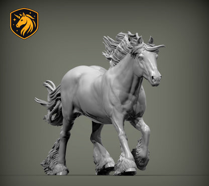 Gypsy Cob (Running Pose) – Unpainted ABS Resin Model | Traditional Vanner Horse Sculpture