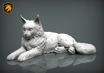 Maine Coon Cat Lying Pose – Unpainted ABS Resin Model, Realistic Long-Haired Cat Sculpture, Collector's Display Piece