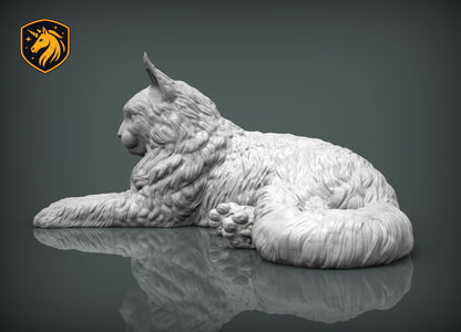 Maine Coon Cat Lying Pose – Unpainted ABS Resin Model, Realistic Long-Haired Cat Sculpture, Collector's Display Piece