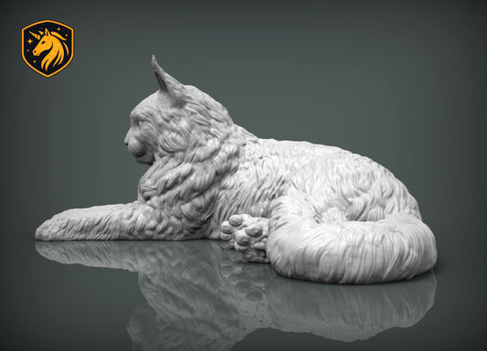 Maine Coon Cat Lying Pose – Unpainted ABS Resin Model, Realistic Long-Haired Cat Sculpture, Collector's Display Piece