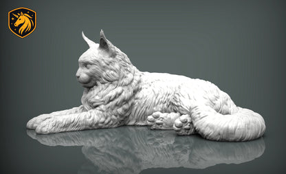 Maine Coon Cat Lying Pose – Unpainted ABS Resin Model, Realistic Long-Haired Cat Sculpture, Collector's Display Piece