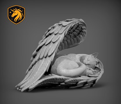 Angel Cat Memorial Sculpture with Optional Urn – Sleeping Cat with Wings, Pet Loss Sympathy Gift | Unpainted ABS Resin Cat Statue
