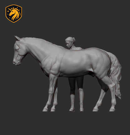 Girl Combing Horse – Unpainted ABS Resin Model | Realistic Equine Sculpture
