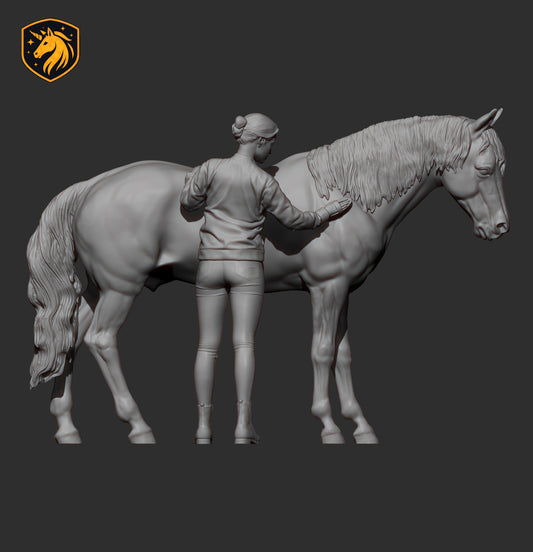 Girl Combing Horse – Unpainted ABS Resin Model | Realistic Equine Sculpture