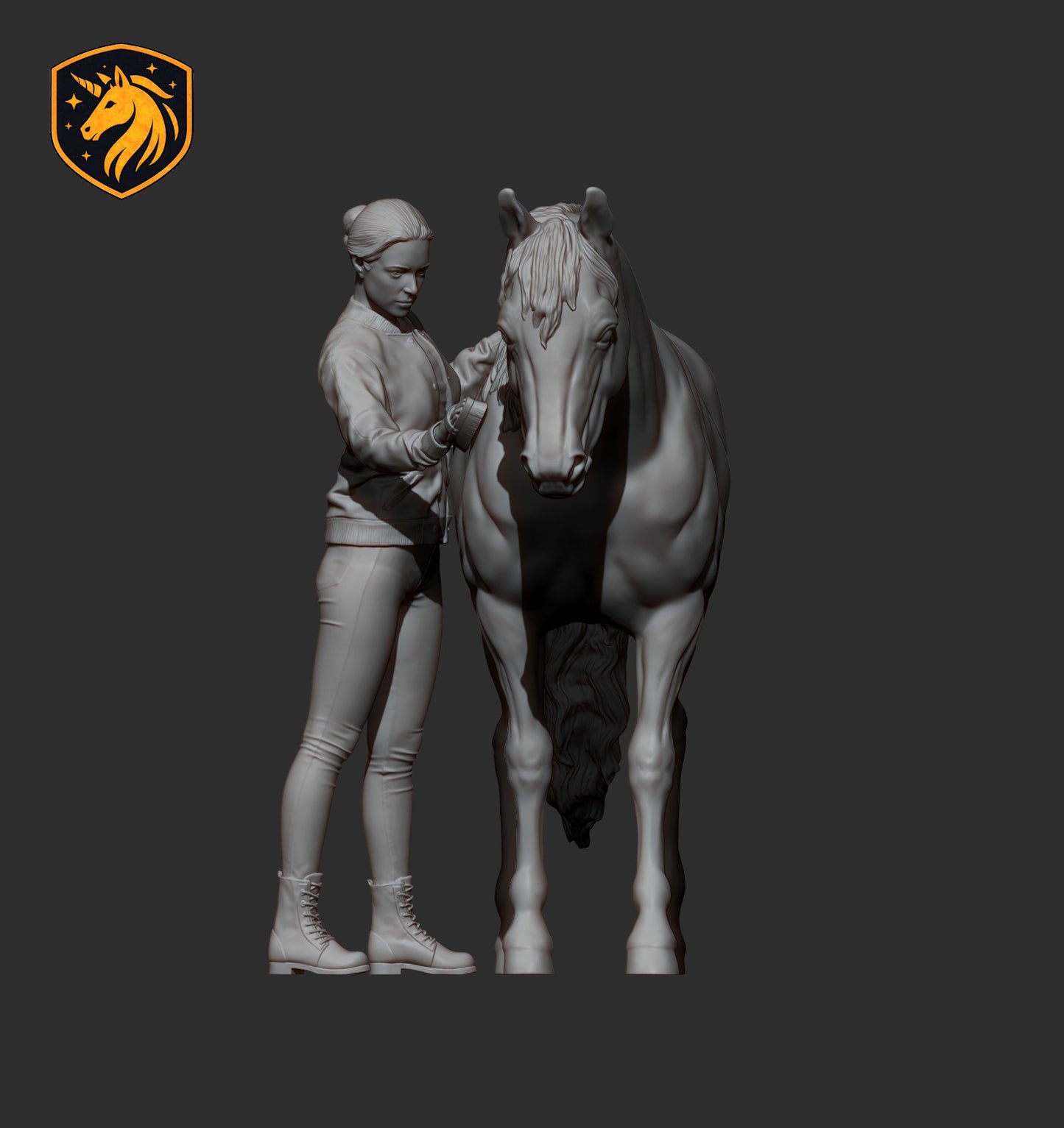Girl Combing Horse – Unpainted ABS Resin Model | Realistic Equine Sculpture
