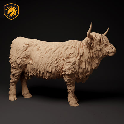 Highland Cow Licking Figurine 1/9 Scale Model | Unpainted ABS White Resin