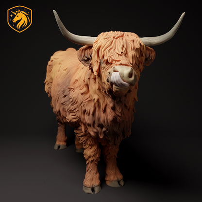 Highland Cow Licking Figurine 1/9 Scale Model | Unpainted ABS White Resin