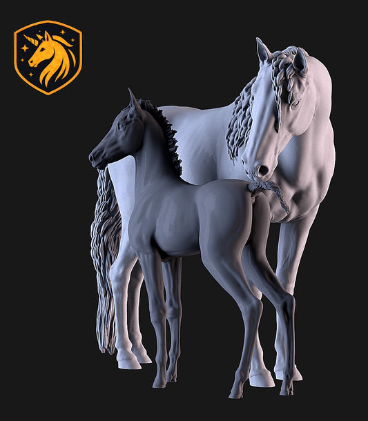 Sport Horse Mare & Foal – Unpainted ABS Resin Model Set | Realistic Equine Sculpture