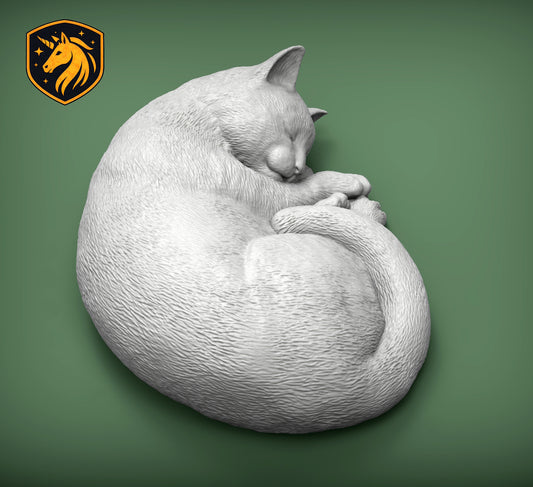 Sleeping Cat Curled Pose – Unpainted ABS Resin Model, Realistic Slumbering Cat Sculpture, Collector's Display Piece