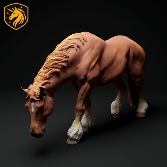 Suffolk Punch Horse Grazing Resin Model | 1/6 Scale Available | Unpainted ABS White Resin